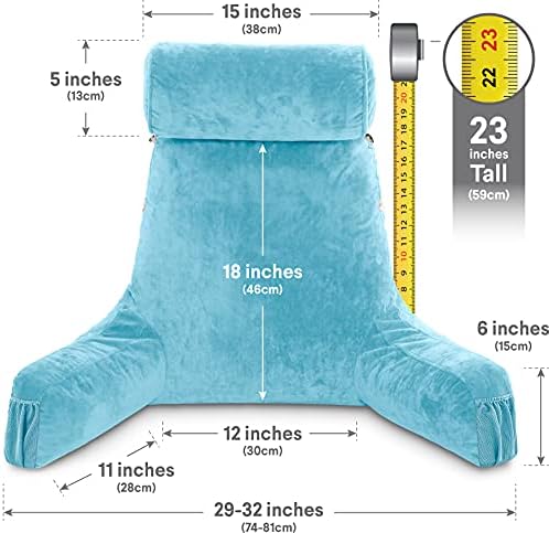 Husband Pillow Medium Reading Pillow with Arms - 23" Backrest for Sitting Up in Bed - Firm Support Bed Rest Pillow for Adults, Neck Roll, Removable Cover - TV, Reading, Lounging - Carolina Blue