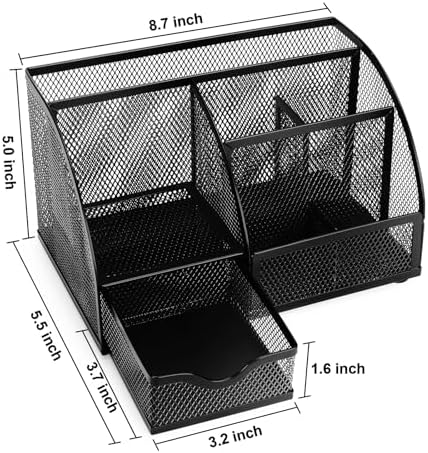 Comix Mesh Pen Pencil Holder Desk Organizer, 7 Compartment Wire Desktop Pen Pencil Cup Caddy Office Supplies for Home Office School, Black