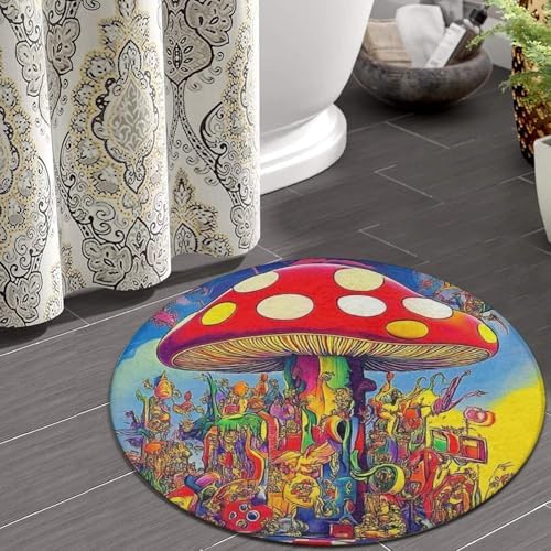 Home Decor Non Slip Kitchen Office Circle Rug, Machine Washable Modern Round Area Rug, Room Sofa Yoga Soft Round Carpet Trippy Mushroom Magic Art, 36inch