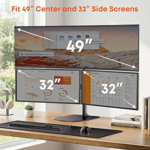 PUTORSEN Freestanding Triple Monitor Mount - Holds 49" Ultrawide Center & 32" Side Screens, 44 lbs Capacity, Extra Tall Pole, VESA 75/100