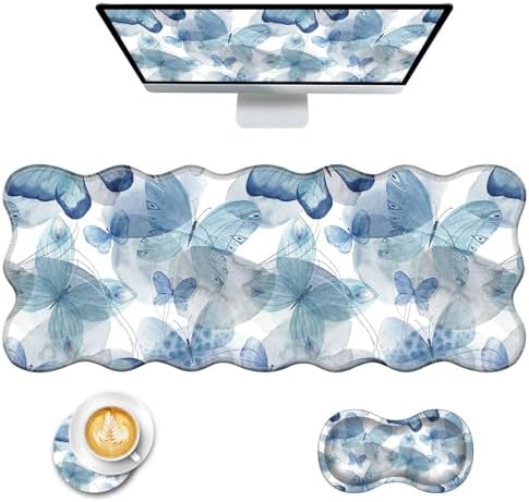 Mouse Pad with Wrist Support + Desk Mat + Coaster 3 in 1 Set, XL Large Gaming Mousepad Ergonomic Mouse Pads for Desk Computer Laptop Office,Blue Butterfly