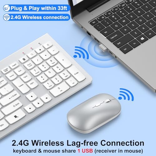 Ergonomic Ultra Slim Wireless Keyboard and Mouse Combo,2.4G Lag-Free,Silver