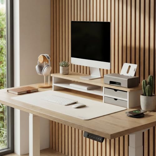 Fenge Monitor Stand, Desk Computer Riser with Frosted Storage Drawer, Oak