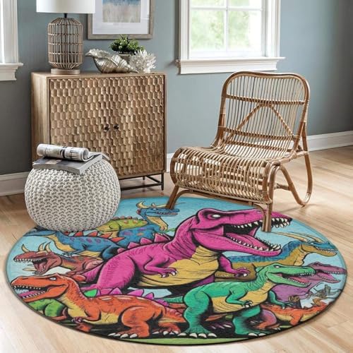 Soft Round Yoga Carpet, Large Home Decor Mat, Non Slip Machine Washable Kitchen Office Circle Rug Dinosaurs