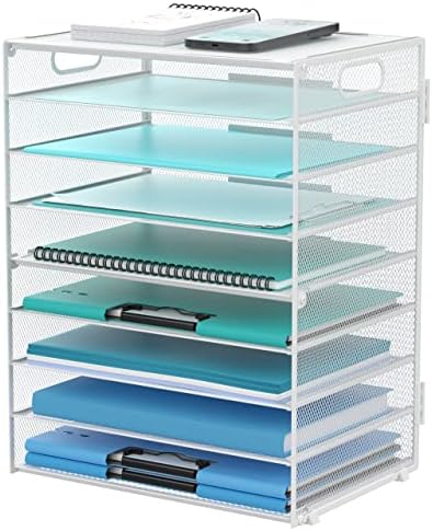 9-Tier Paper Organizer for Desk, Metal Mesh Letter Tray with Handles, White