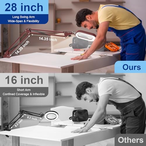 14.35" Large Magnifying Glass with Light and Clamp, Real Glass, 5 Color Modes, Stepless Dimmable, Lighted Magnifier with Stand Hands Free, LED Swing Arm Desk Lamp for Close Work, Craft, Red