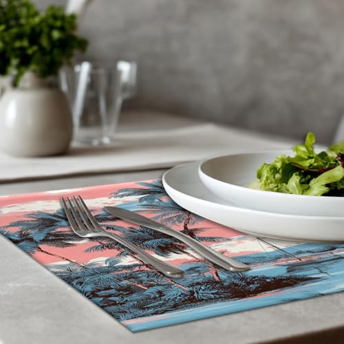 Beach Vacation Seaside Relaxation Linen Placemats, Palm Lined Shore Nautical Charm Table Mats for Table Washable Heat Insulation Thick Dining Mat, Indoor/Outdoor 12X18 in 6 Pcs