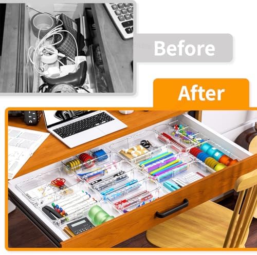 16 Pcs Extendable Clear Drawer Organizer, All Adjustable Vanity Storage Box, 2-Size Desk Drawer Organizer, Durable Storage Bins for Makeup, Cosmetic, Bedroom Dressers Tool Organizer for Gadgets
