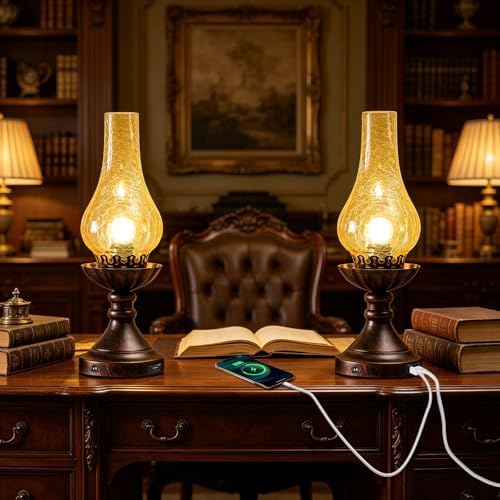 Farmhouse Rustic Touch with USB A+C Charging Ports Table Lamps，Bedroom Bedside Vintage Decor Lantern Hurricane Lamps Set of 2-USB A+C