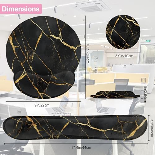 Golden Black Flowing Marble Mouse Pad with Wrist Rest and Keyboard Wrist Rest Set, Non-Slip Rubber Base Memory Foam Mouse Pad Set for Women, Office Desk Accessories, Gaming