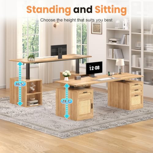 60" Rattan Electric Standing Desk with Drawers for Home Office, Oak