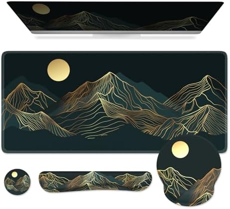 iCasso Large Mouse Pad, 4in1 XXL Mousepad + Keyboard Wrist Rest+Mouse Wrist Rest+Coaster Set with Ergonomic Design for Computer(Cyan-Mountain)