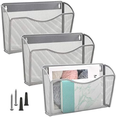 EASEPRES 3 Single Pocket Mesh Hanging File Organizer, Vertical Wall Mounted Magazine File Holder, Mount Basket Mail Paper Document Folder Organizing for Office, Home and School, Silver