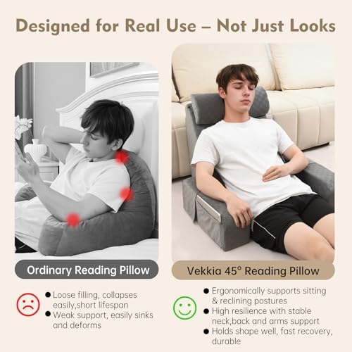 Vekkia 21'' Reading Pillow for Adults with XL Side Pockets, Adjustable Arms