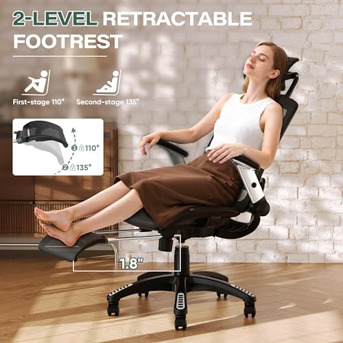 GABRYLLY Ergonomic Office Chair, High Back Home Desk Chair with Footrest,3D Headrest, Flip-Up Arms, 135° Tilt and Wide Cushion, Heavy Duty Mesh Chairs for Task Computer Gaming, Black