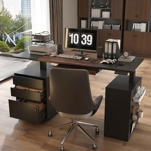 63" Electric Standing Desk with Lockable Drawer, Pegboard and Keyboard Tray, Height Adjustable Stand up Desk with File Cabinet & Shelves, Home Office Computer Gaming Table, Black