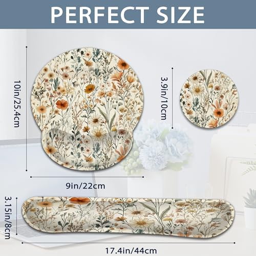Vintage Flowers Keyboard Wrist Rest Pad Ergonomic Mouse Pad Set,Boho 3 in 1 Memory Foam Mouse Pad with Non Slip Base for Office and Home