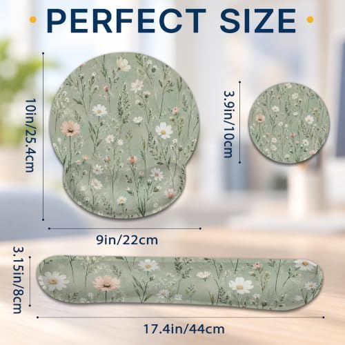 Green Wildflowers Ergonomic Wrist Rest Mouse Pad Set with Keyboard Cushion