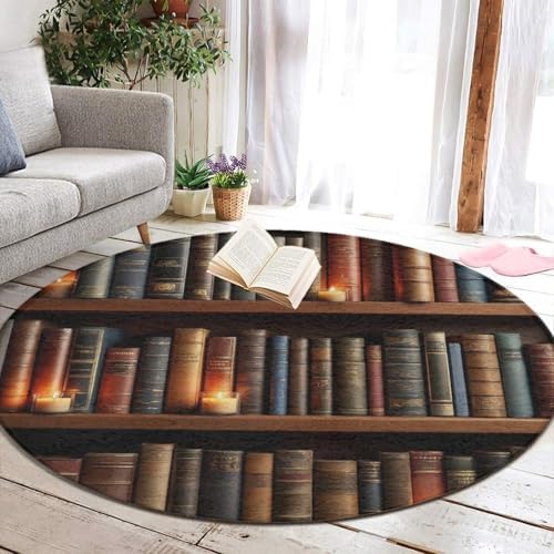 Large Machine Washable Circular Rugs, Home Decor Round Mat for Living Room Sofa Office Vintage Library Bookshelf Candlelight