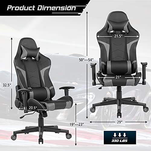 GYMAX Gaming Chair, Massage Gaming Chairs for Adults with Headrest, Lumbar Support & Armrest, Video Computer Reclining Gaming Chair, Office Desk Gamer Task Chair (Grey)