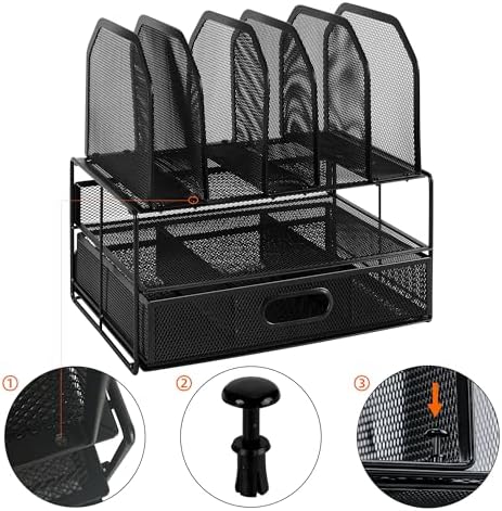 Amazon Basics Mesh Desk Organizer with Sliding Drawer, Double Tray and 5 Upright Sections, File Holder for Office Supplies, Paper Letter Tray, Black