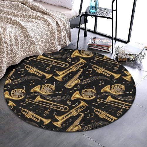 Large Round Area Rug Home Decor Modern Bathroom Rug Kitchen Office Circle Rug for Living Room Sofa Circle Cute Mat Gold Trumpet Trombone French Horn Black
