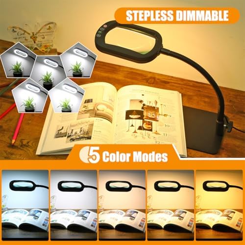 Veemagni 13X Rectangle Magnifying Glass with Light and Stand, Flexible Gooseneck LED Lighted Desk Lamp, 5 Color Modes Stepless Dimmable, Hands Free Magnifier for Reading Crafts Painting Close Work