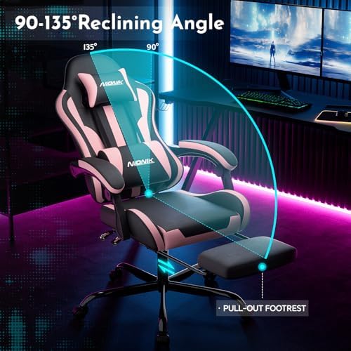 Gaming Chair, Ergonomic Computer Chair with Footrest and Lumbar Support, Height Adjustable Game Chair with 360°-Swivel Seat and Headrest and for Office or Gaming Blackpink