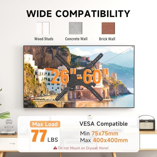 Full Motion TV Wall Mount for Most 26-60 Inch Flat Curved TVs, Wall Mount TV Bracket with Swivel Articulating Extension Tilt Arm, Support up to 77lbs, Max VESA 400x400mm(MAP3SE)