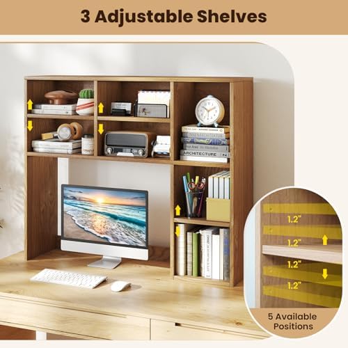 Giantex Desktop Bookshelf, Desk Hutch Dorm w/ 7 Cubes & 3 Adjustable Shelves, Desk Shelf for Up to 27" Computer Monitors, Wooden Desktop Storage Organizer for Dorm College Office Homem, Natural