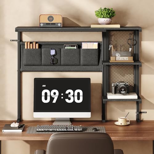Clamp On Desk Shelf, Metal & Wooden Desktop Bookshelf & Heavy Duty Desktop Organizer, Desk Accessories,38.3" W x 33" H (Black) 999BKSSJ197