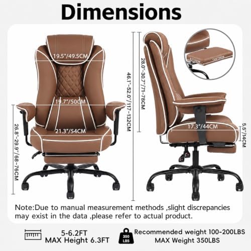 DJ·Wang Big and Tall Office Chair 400lbs, Executive Office Chair with Foot Rest Brown PU Leather