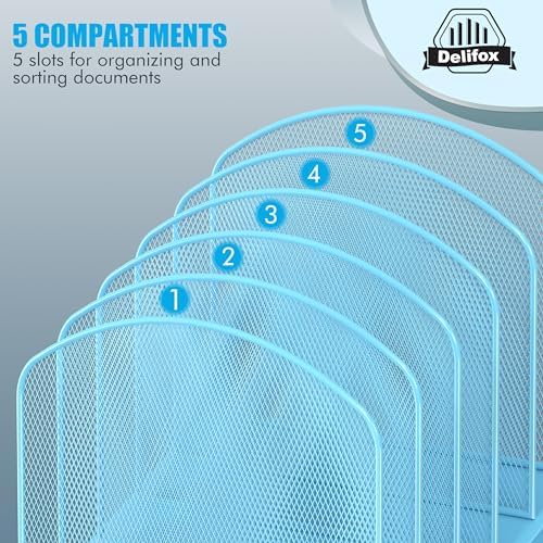 Delifox Inclined Desk File Organizer,Vertical File Folder Holder Stand Metal Rack File Sorter for Office Classroom Desktop Organization (1, Blue, 5)