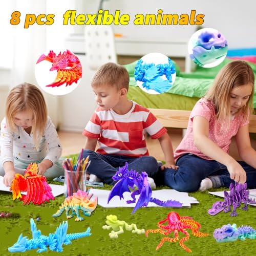 8pcs 3D Printed Dinosaur，Flying Dragon Octopus T-Rex Fidget Toys，Desk Executive Toy，Easter,Toys for Boys Kids Teen 5-7 4-6 8-12