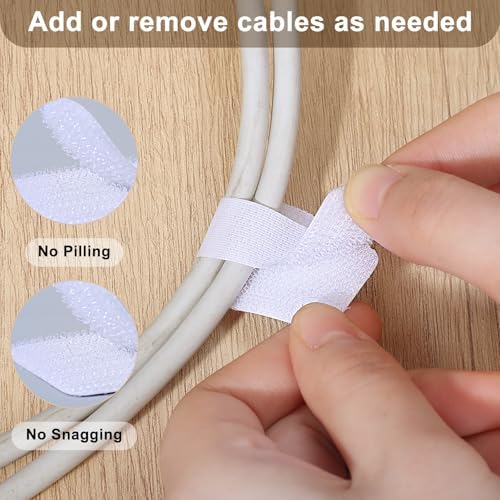 100 Pcs Cable Management Under Desk, Hook and Loop Cable Straps, White
