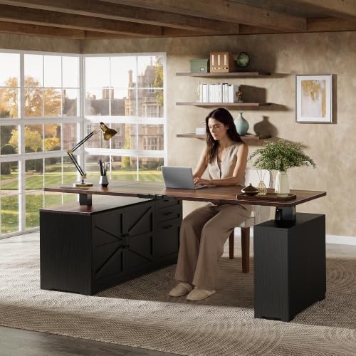 PRAISUN 63'' Farmhouse L Shaped Standing Desk with Outlets and Drawers