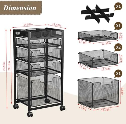 Rolling File Cart with 4 Storage Drawers, Under Desk Organizer with DIY Divider, Moblie Filing Cabinet on Wheels, Fits A4/Letter Size, Metal Utility Cart for Home Office, Black