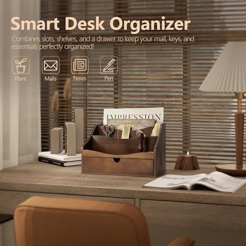 Rebee Vision Mail Organizer for Desk with 4-Slot for Home & Office, Brown