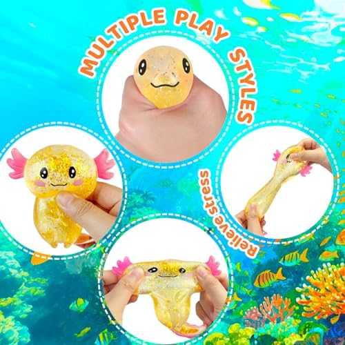 Axolotl Squishy Stress Relief Toy Glitter Fidget Toys Cute Malt Sugar Axolotl Toy Fidget Toys Adults Fidget Toy for Kids Youth Adult, Party Favors Anxiety Relief Squishy Toys(Orange)