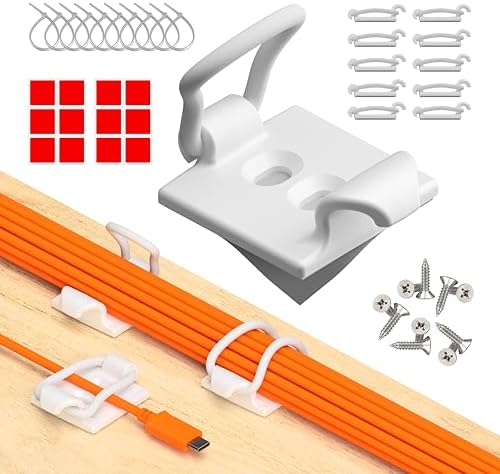 [Made in the UK] 10-Pack Adjustable Elastic Adhesive Cable Clips, Wire Management Holder, Cord Organizer for Home Office, Under Desk, Behind TV, Phone Charger, Laptop, PC, HDMI, USB (White)
