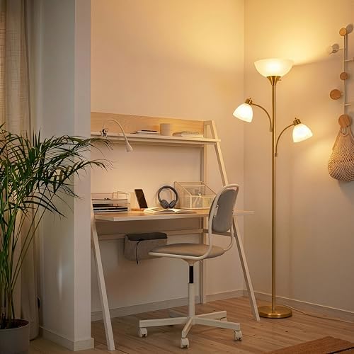 Brightech Sky Dome Double LED Floor lamp, Torchiere Super Bright Floor Lamp with 2 Reading Lamps for Living Rooms & Offices - Dimmable Tall Standing Lamp for Bedroom Reading - Tall Brass Pole
