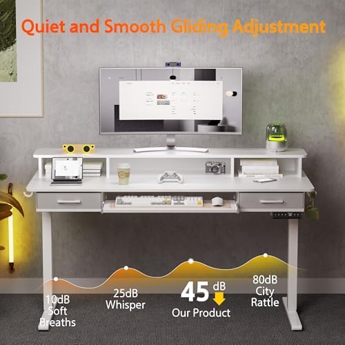 WALKINGDESK 55 Inches Electric Standing Desk with Keyboard Tray, Height Adjustable Sit to Stand Table with 2 Drawers, Ergonomic Home Office Desk with Storage Shelf, Computer Table, White
