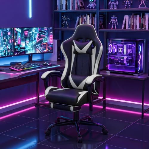 Gaming Chair, Ergonomic Computer Chair with Footrest Lumbar Support, White