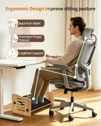 MYPLACE Ergonomic Foot Rest for Under Desk at Work - Bamboo Adjustable Under Desk Footrest with 7 Positions - Foot Stool with Massage Surface - Leg Rest for Office Desk Chair，Home，Gaming Accessories
