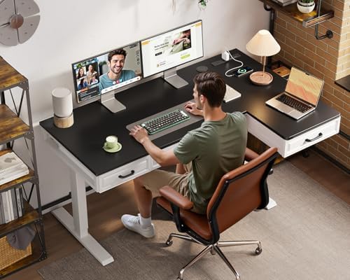 OffiGo 55 Inch L Shaped Standing Desk with 4 Wooden Drawers, White+Black