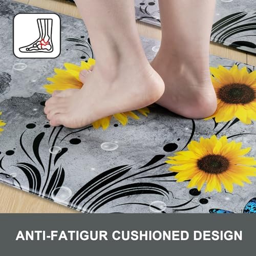 Likiyol Sunflower Kitchen Rugs Sets of 2 Kitchen Mats for Floor Anti Fatigue Mats for Kitchen Floor, Spring Kitchen Rugs Non Slip was Washable, Floral Standing Floor Mats, 18''x30''+18''x48'' (Gray)