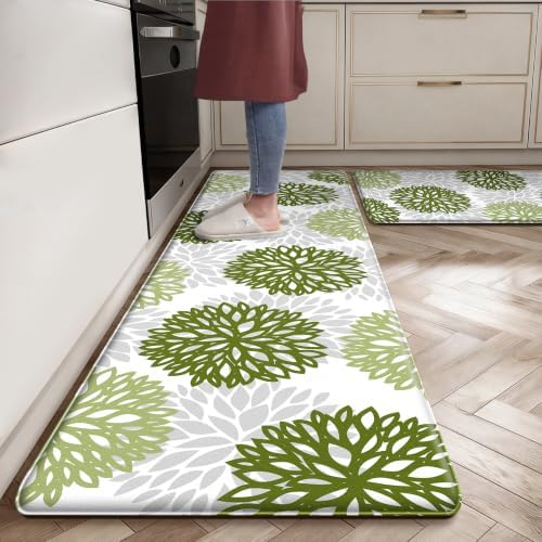 Kitchen Mats Set of 2 Cushioned Anti Fatigue Kitchen Rugs Non Slip Waterproof Runner Memory Foam Kitchen Floor Mat Comfort Standing Mat for Sink, Office, Laundry, Green