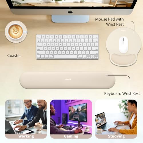 Sushret Mouse Pad and Keyboard Wrist Rest, 3-in-1 Gel Memory Foam Ergonomic Mouse Pad with Wrist Rest Set,Gaming Mousepad Arm Cushion Support for Computer Office Desk Accessories Cute Setup,Apricot