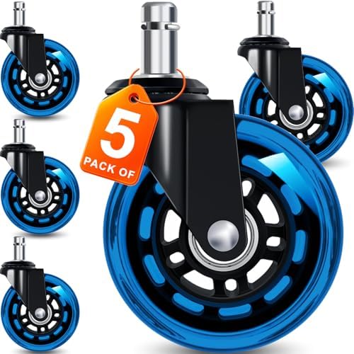 Office Chair Wheels for Casters Replacement - 3" Rubber Wheels for Computer Gaming Desk Caster Smooth & Safe Rolling for All Floors Including Hardwood and Carpet - Set of 5 - Blue
