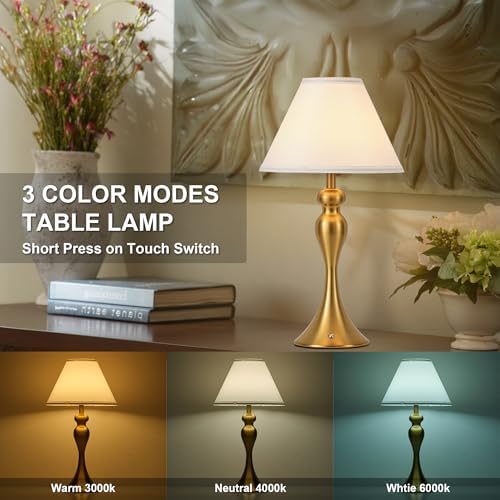 Cordless Table Lamp Rechargeable, Battery Night Light Fabric Shade, Brass